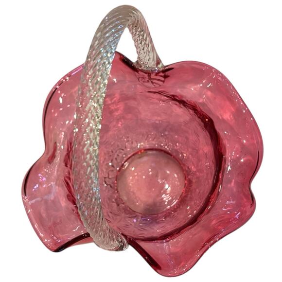 70s Fenton Cranberry Ruffle Glass Basket Clear Applied Handle* (small crack) - Picture 5 of 8